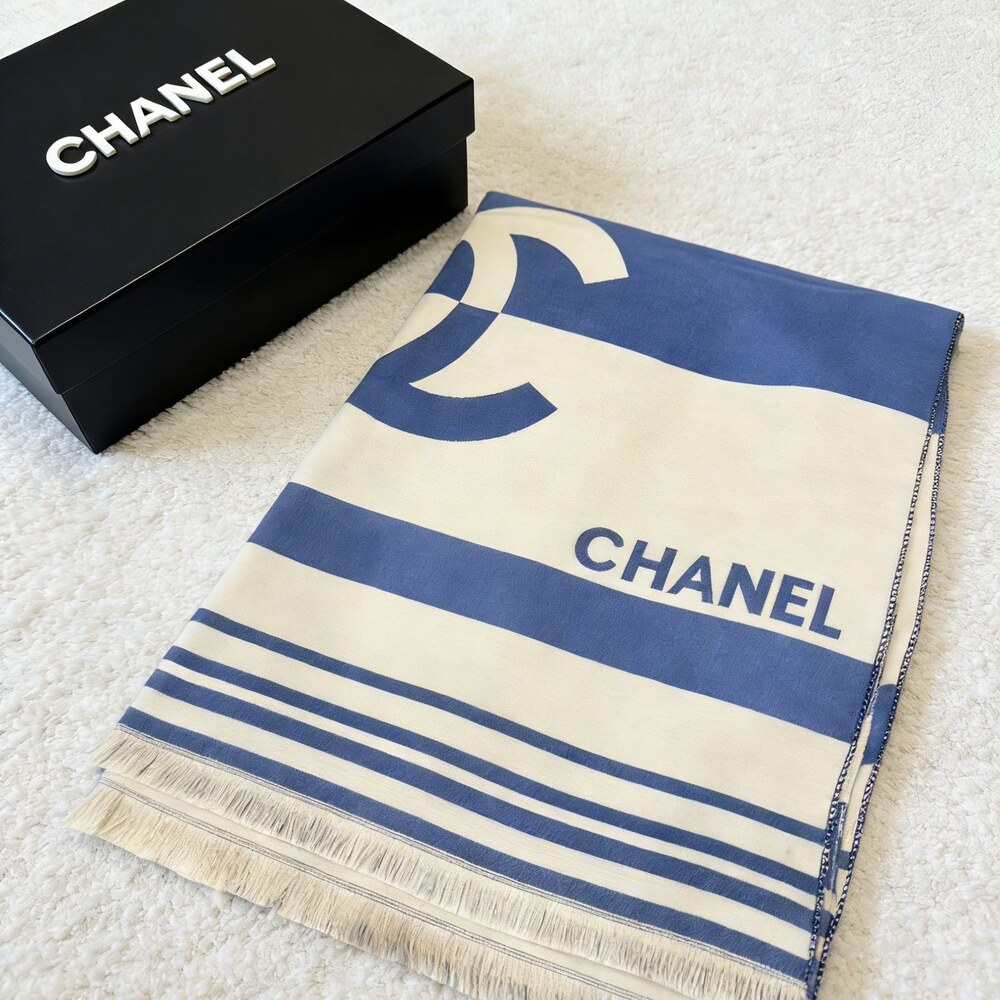 CHANEL Blue Cream Nautical Stripe CC Scarf